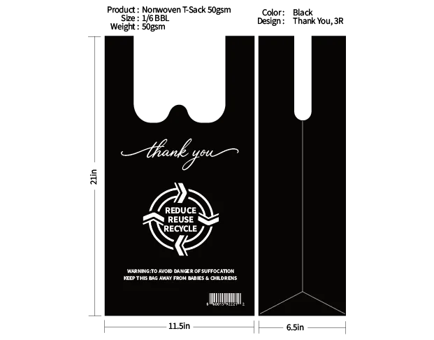 1/6 BBL Non Woven 50gsm T-Sack Black 500ct